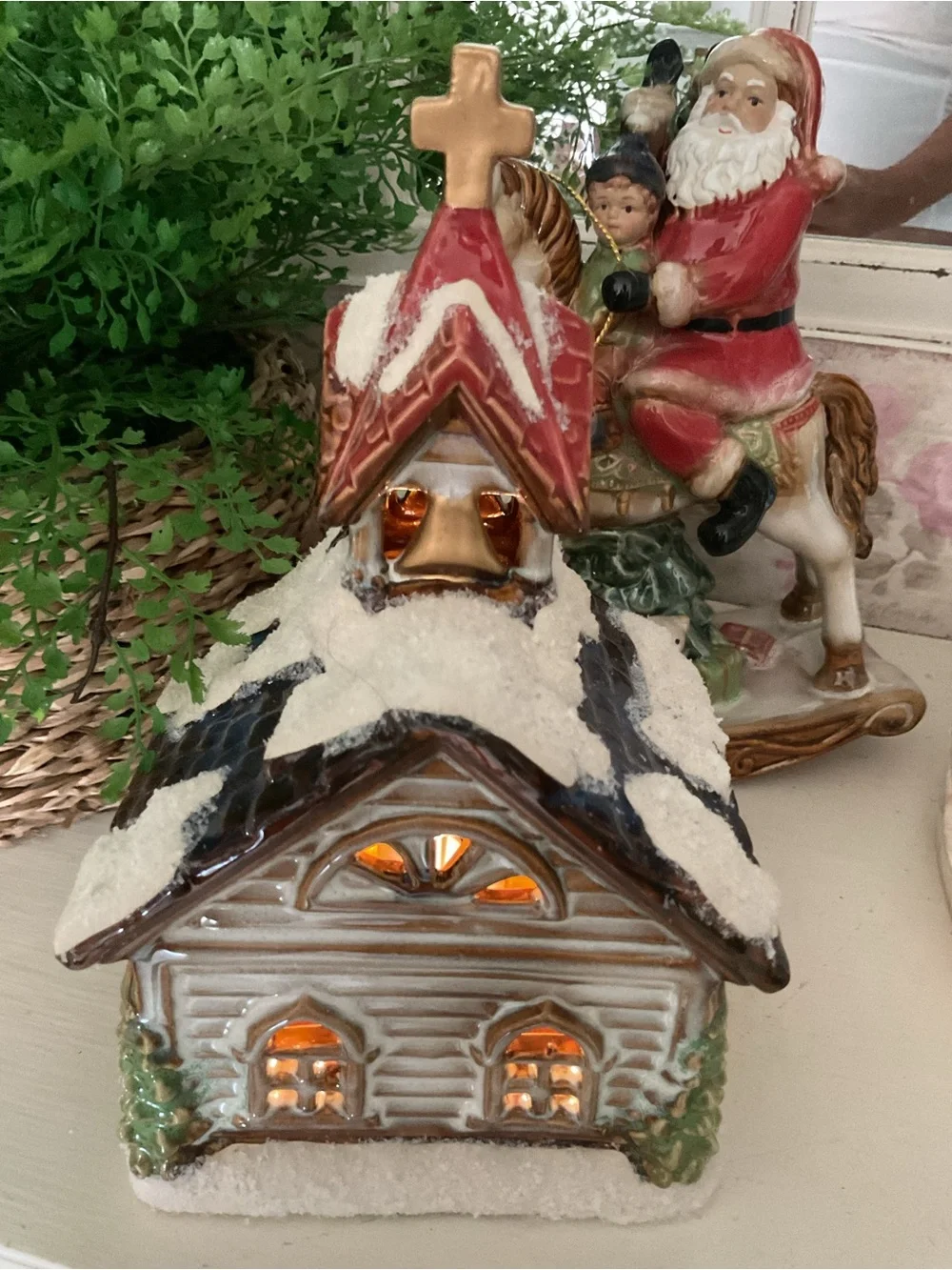 IlluminatedCeramic Christmas Church Decor in White and Red - Holiday Home Accent